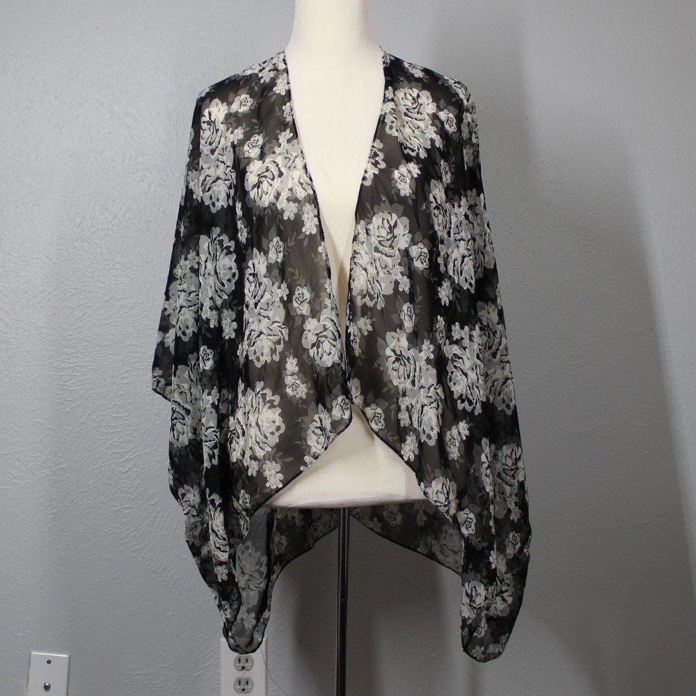 Women Black Sheer Floral Kimono - Size L